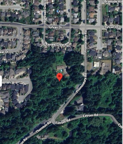 An aerial view of a property. The treed property is surrounded by house. 