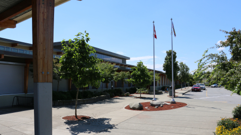 A school with blue sky in the background. 
