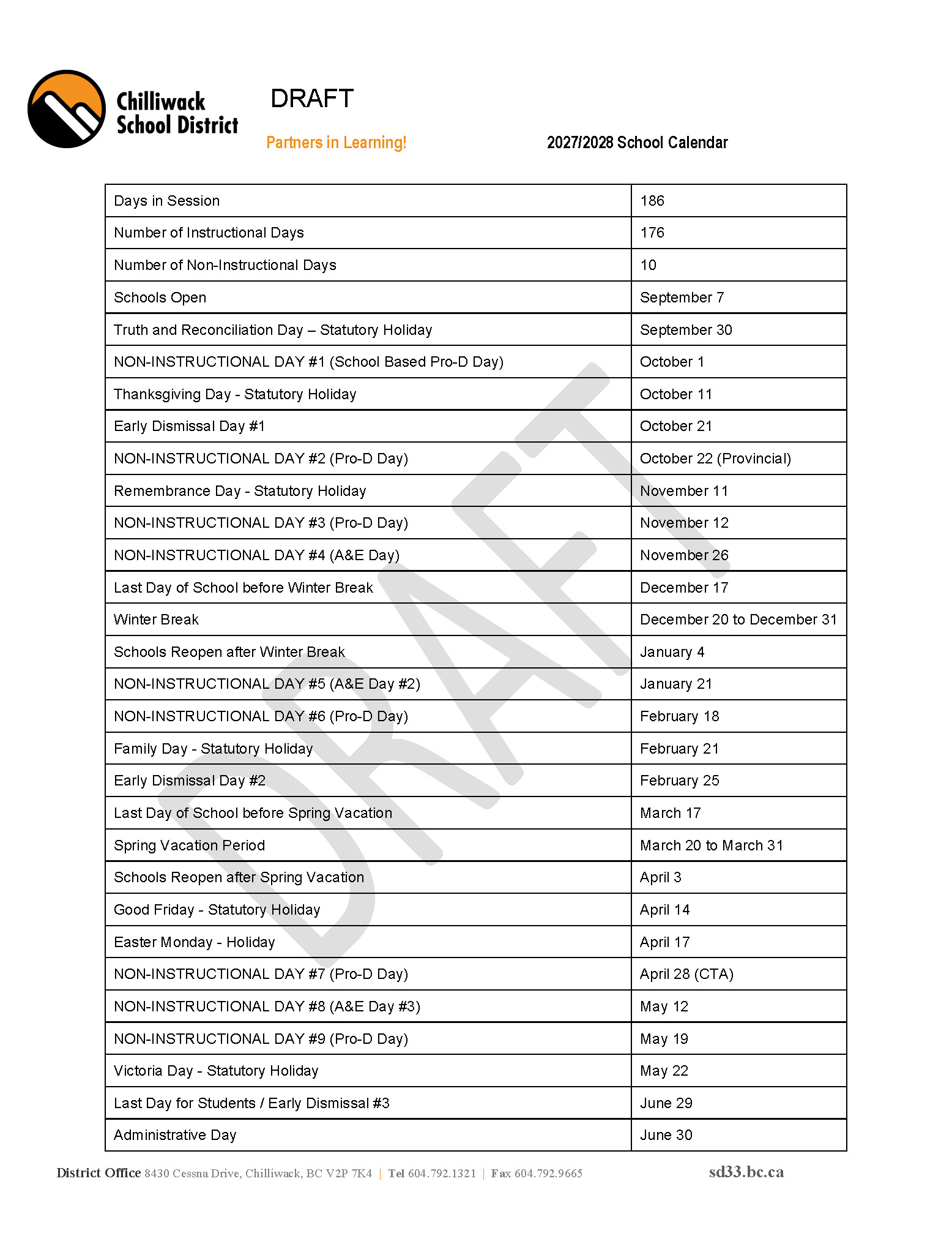 2027/2028 Draft Linear School Calendar
