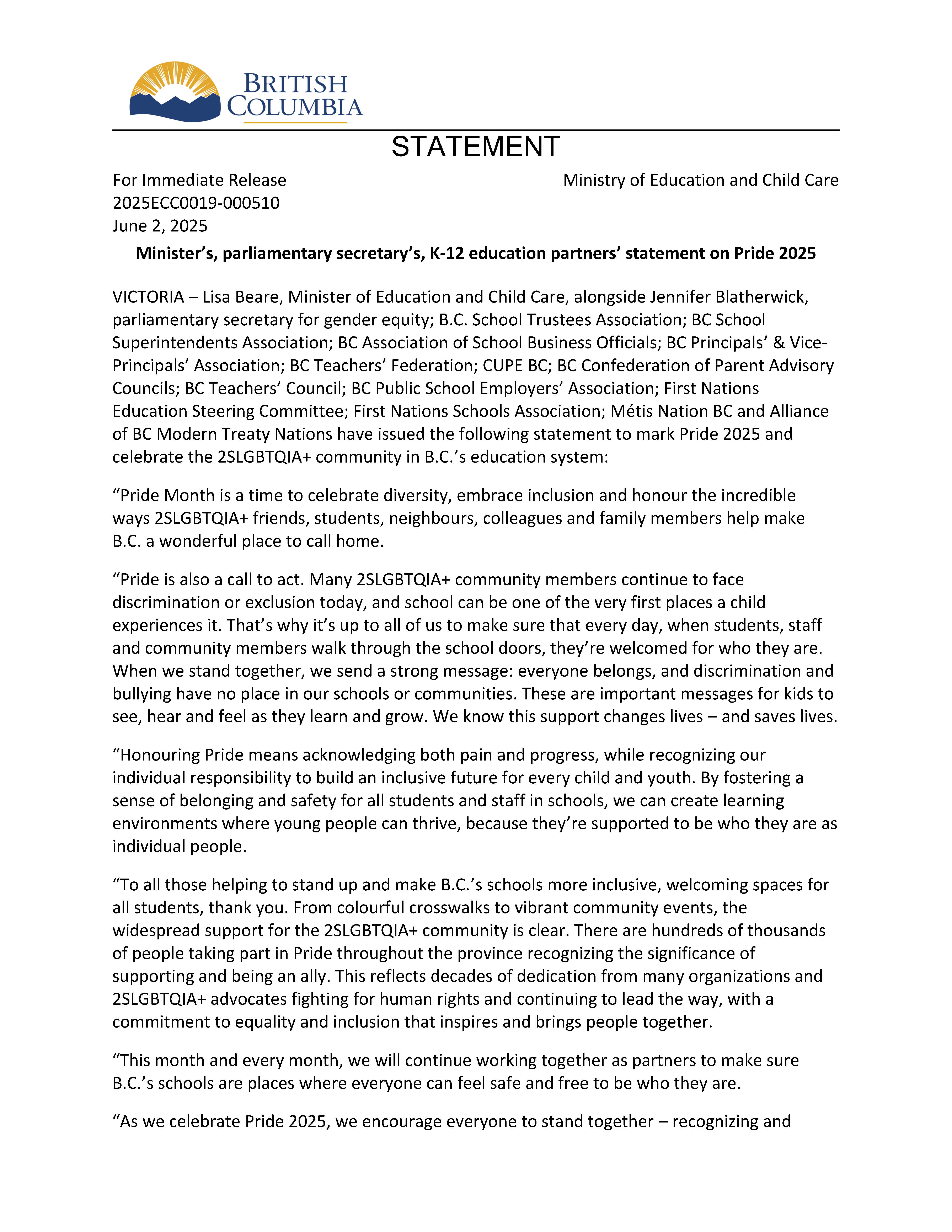 Pride Statement MOECC