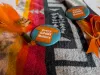 An orange shirt pin sits on a blanket next to an orange feather. 